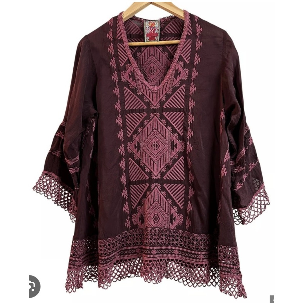 Johnny Was Renee Womens LG Tunic Crochet Embroidered V N